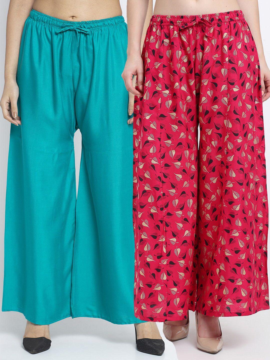 gracit women pack of  2 sea green & pink printed flared knitted ethnic palazzos