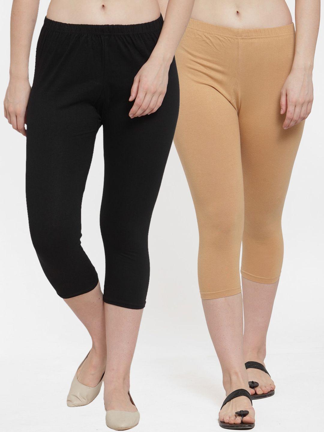 gracit women pack of 2 black & beige cotton lycra capris