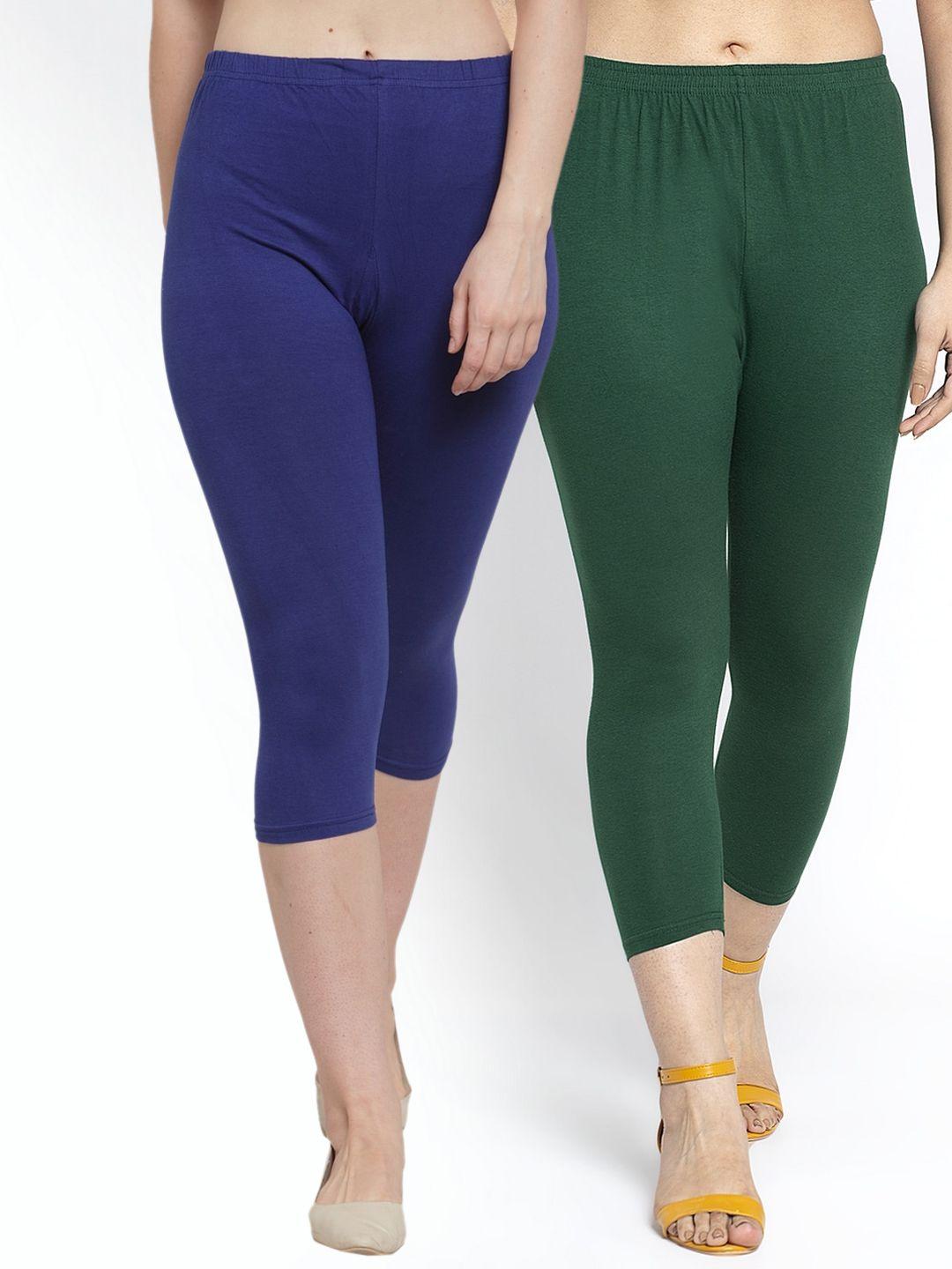 gracit women pack of 2 blue & green solid capris