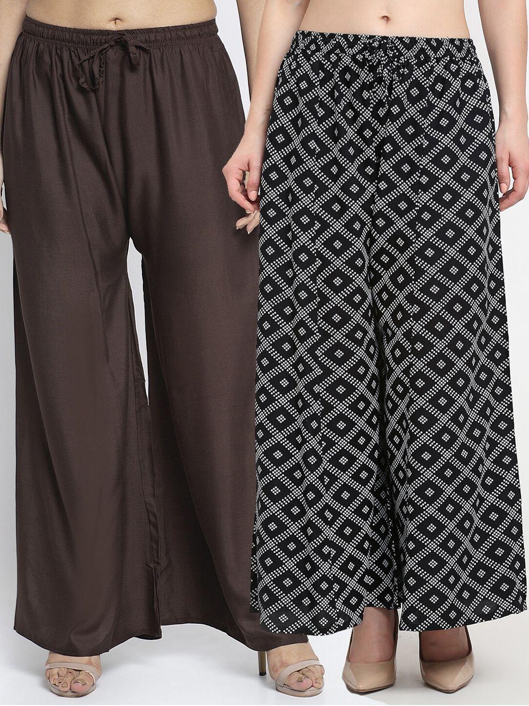 gracit women pack of 2 brown & black printed flared ethnic palazzos