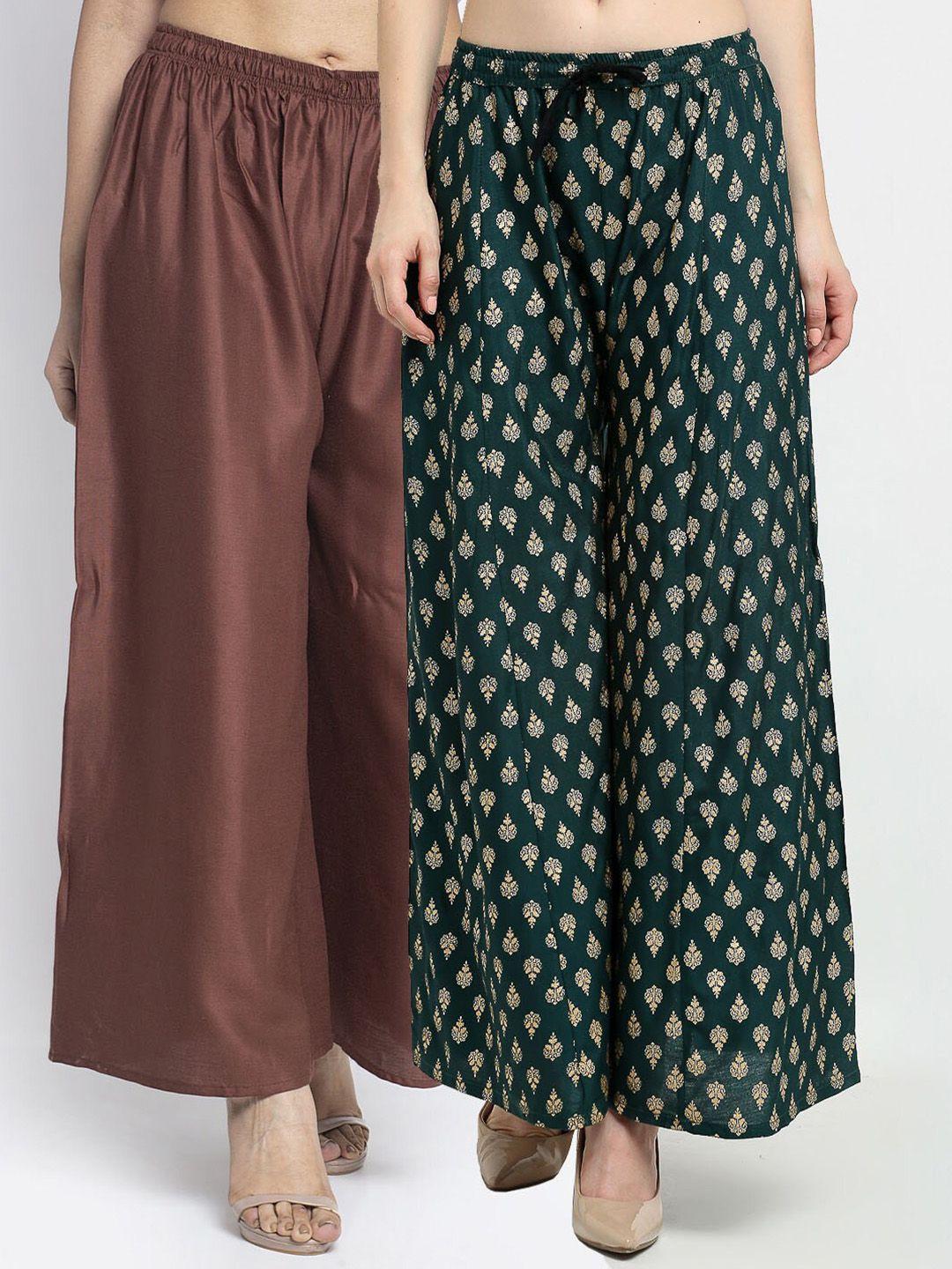 gracit women pack of 2 brown & green printed flared knitted ethnic palazzos