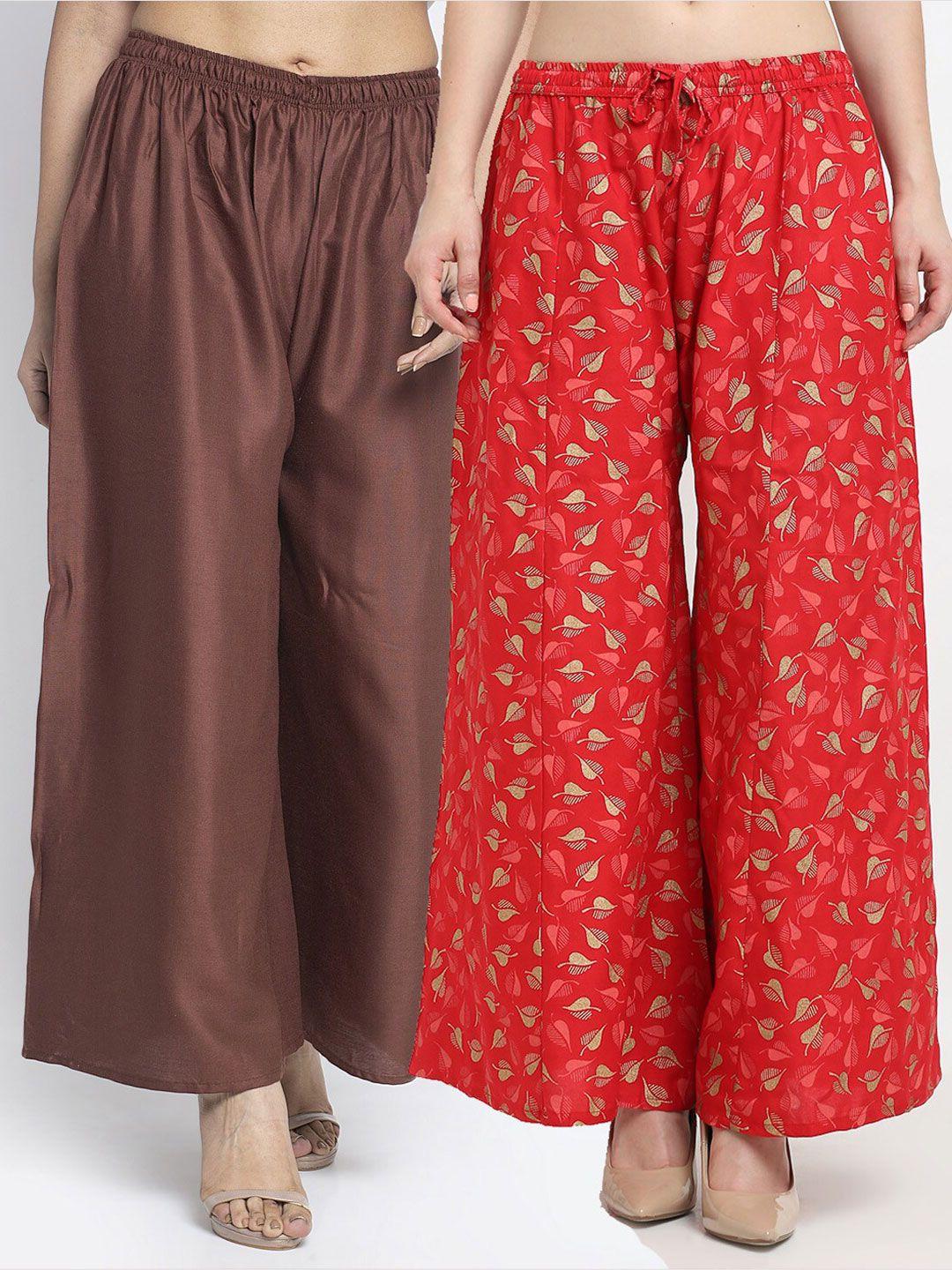 gracit women pack of 2 brown & red printed flared ethnic palazzos