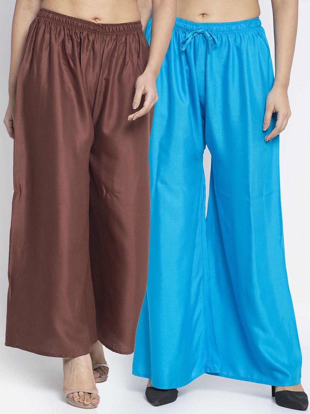 gracit women pack of 2 brown & turquoise blue ethnic palazzos