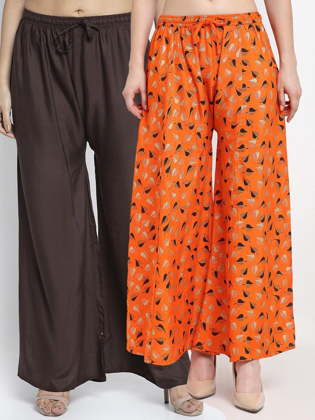 gracit women pack of 2 coffee brown & orange printed flared ethnic palazzos