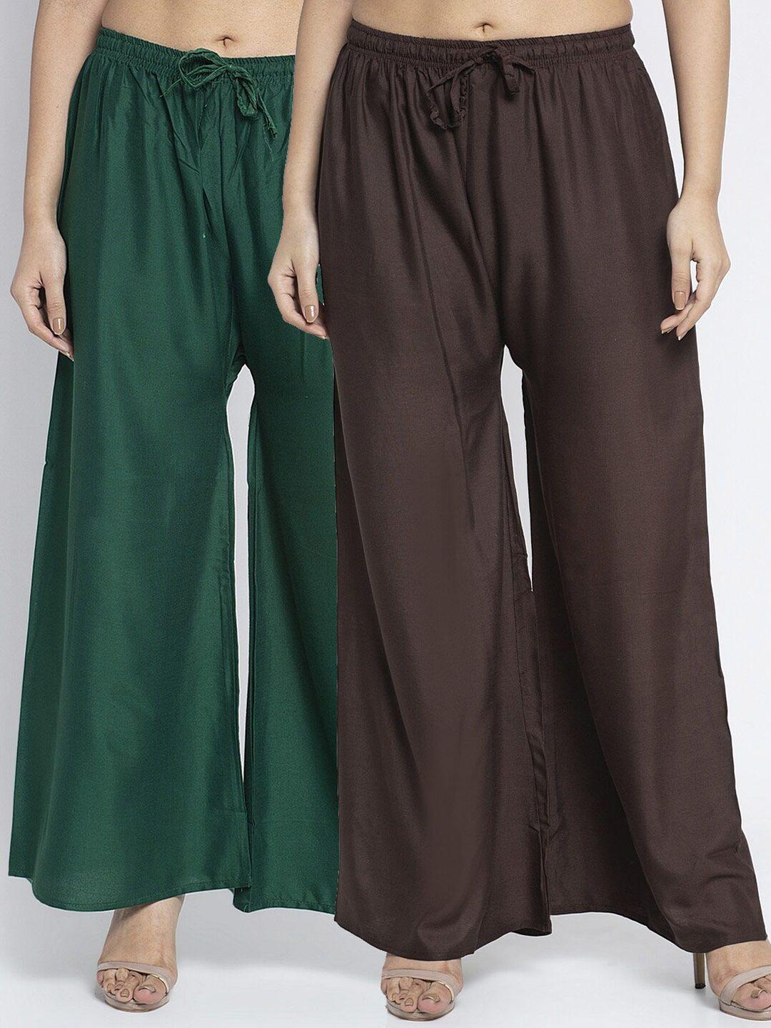 gracit women pack of 2 green & brown ethnic palazzos