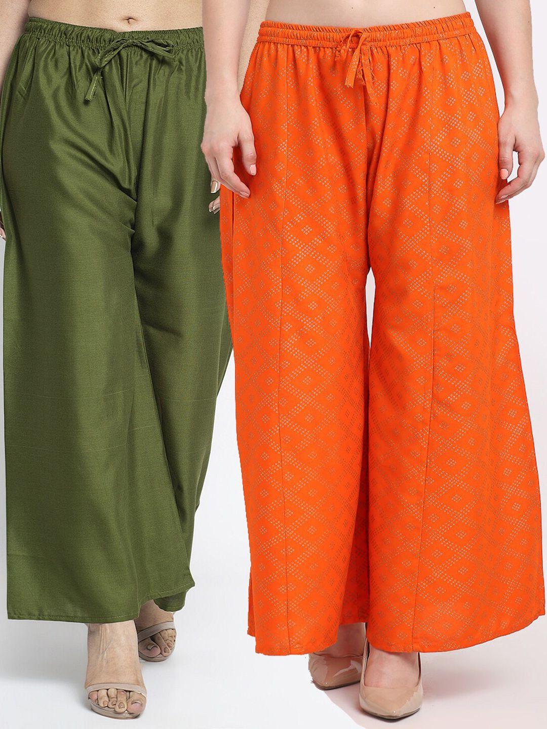 gracit women pack of 2 green & orange printed flared knitted ethnic palazzos