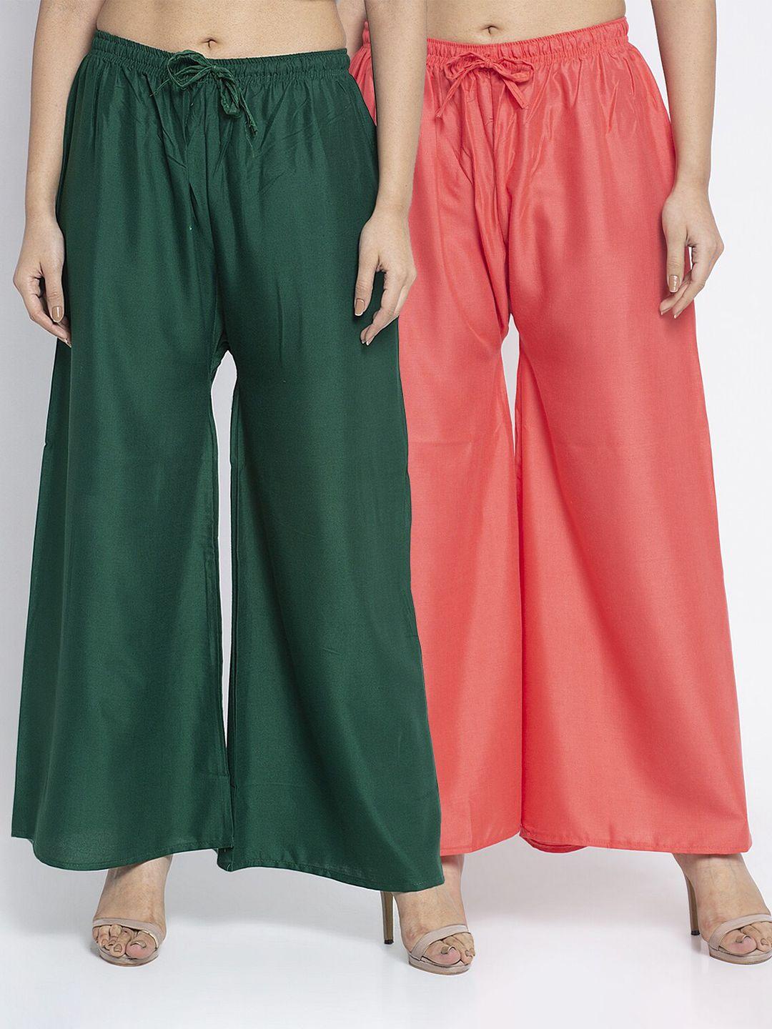 gracit women pack of 2 green & peach-coloured ethnic palazzos
