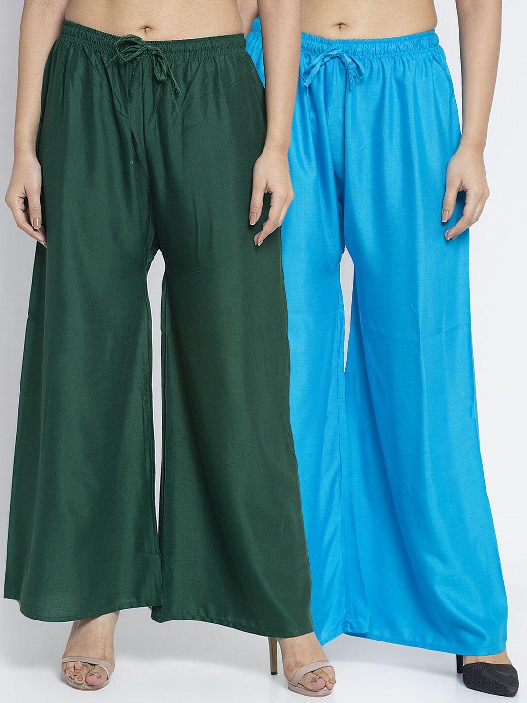 gracit women pack of 2 green & turquoise blue ethnic palazzos