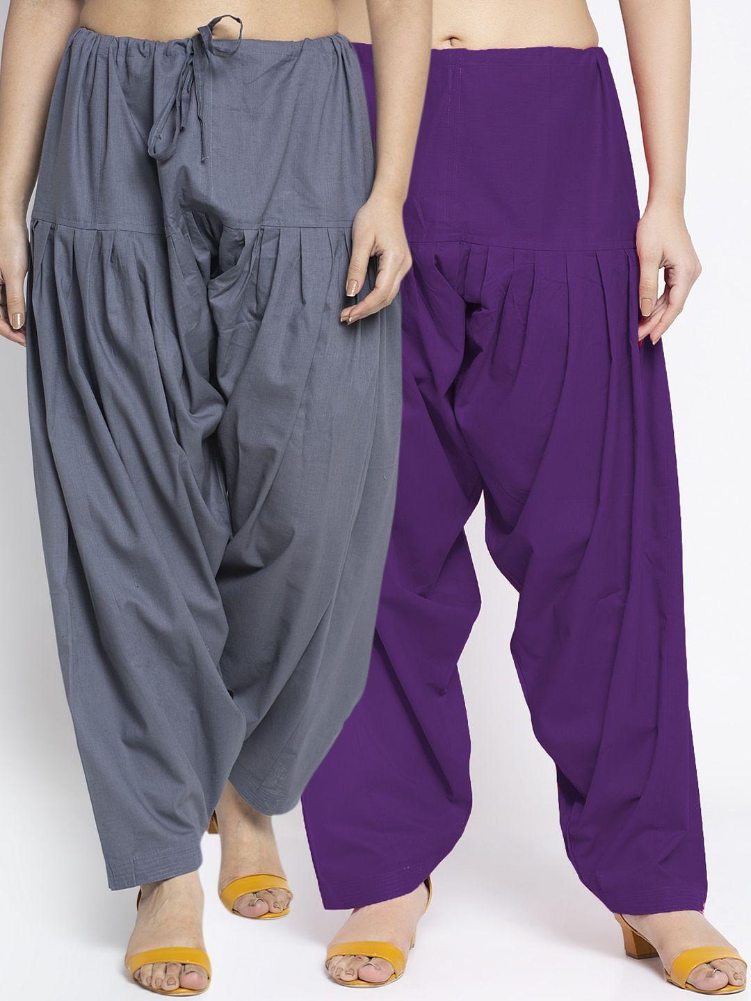 gracit women pack of 2 grey & purple solid loose fit cotton salwars