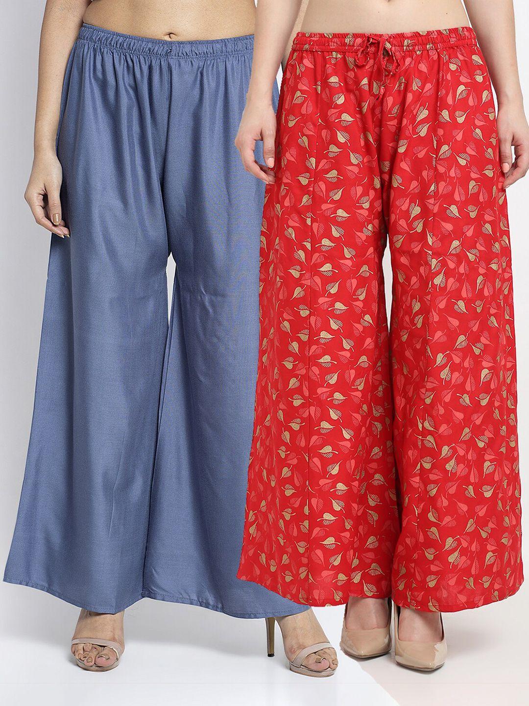 gracit women pack of 2 grey & red floral & solid printed knitted ethnic palazzos