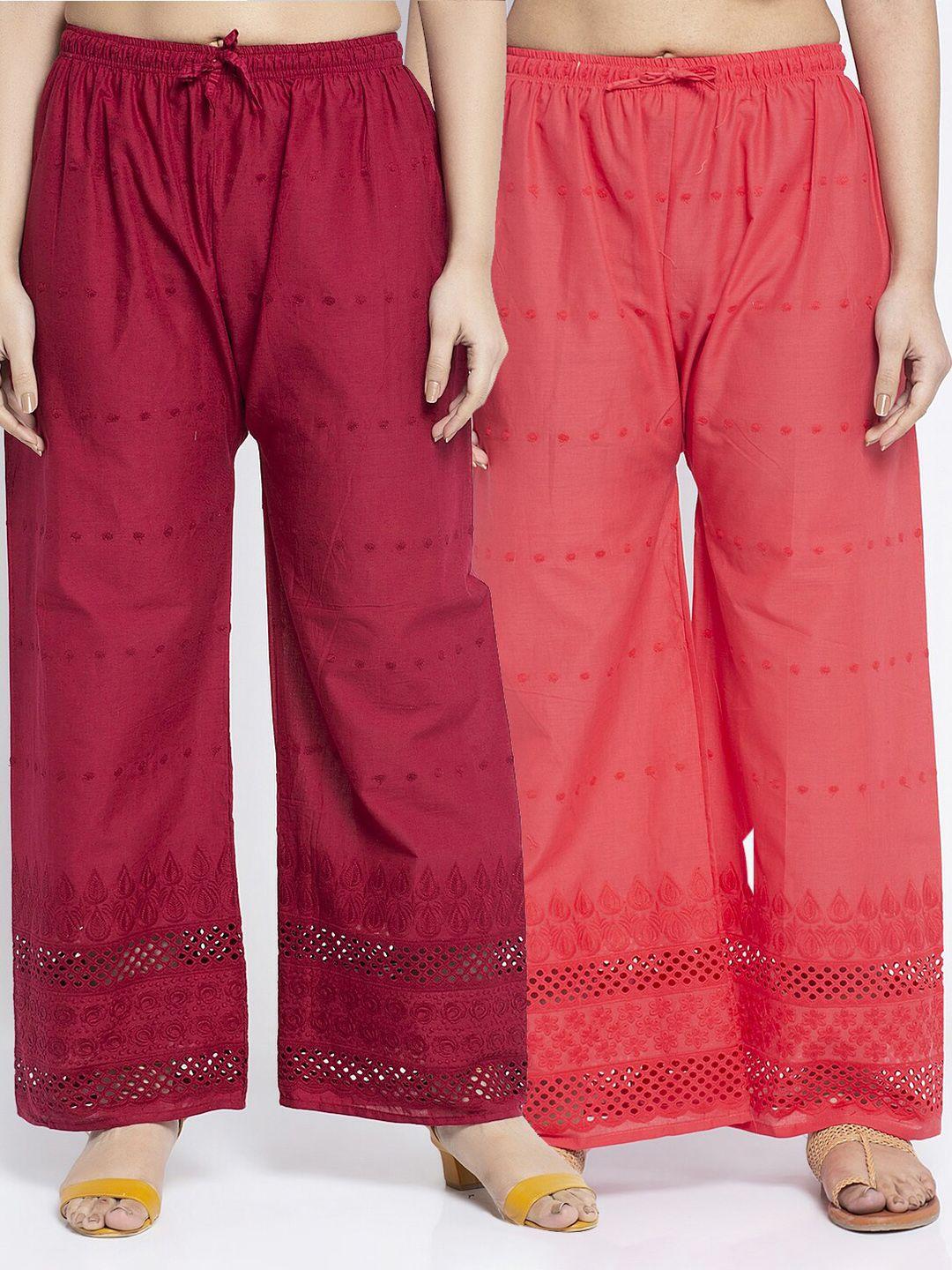 gracit women pack of 2 maroon & coral embroidered wide leg palazzos