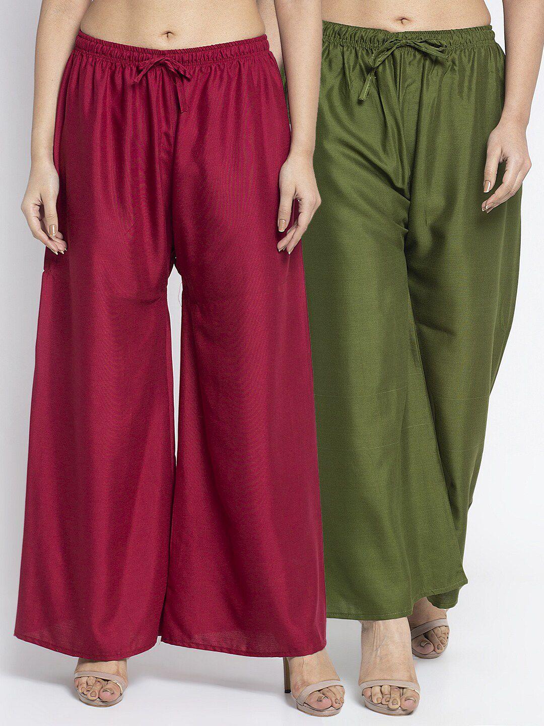 gracit women pack of 2 maroon & green ethnic palazzos