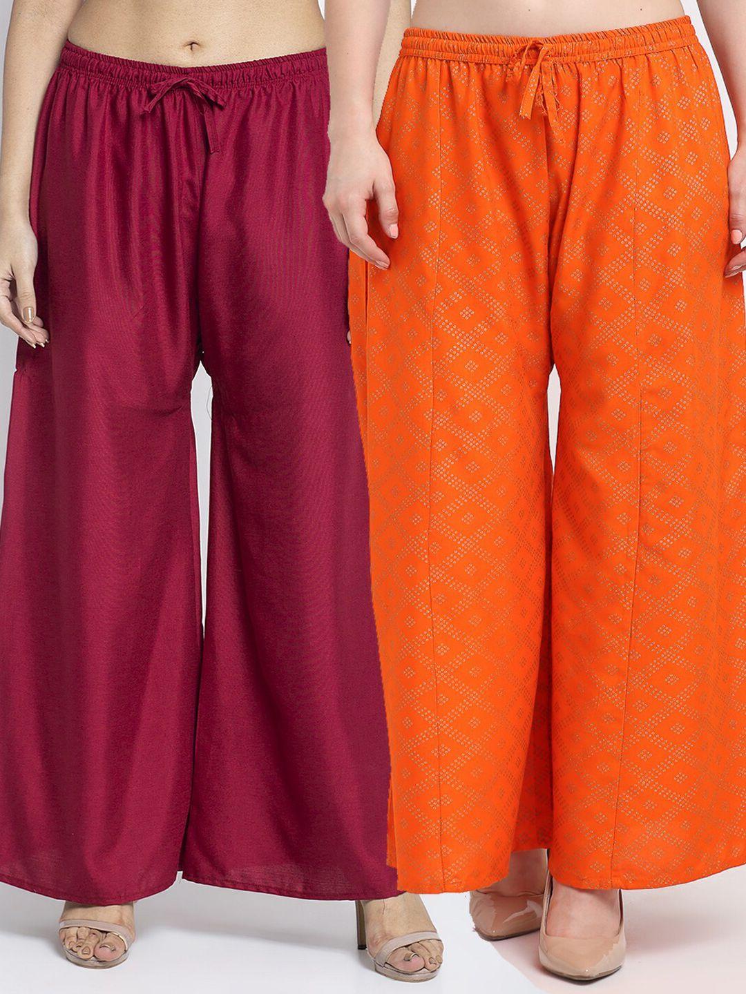 gracit women pack of 2 maroon & orange ethnic motifs printed flared ethnic palazzos