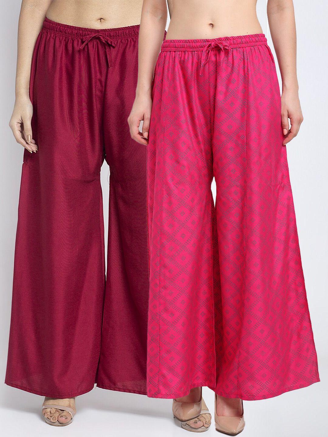 gracit women pack of 2 maroon & pink printed flared knitted ethnic palazzos