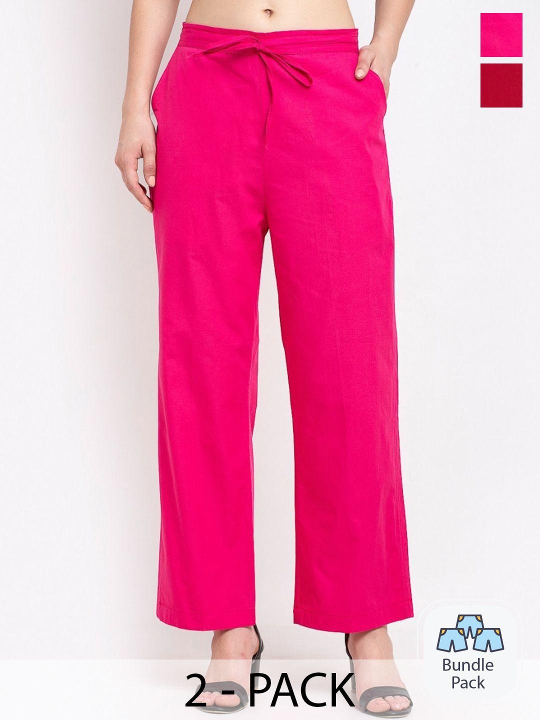 gracit women pack of 2 mid-rise plain pure cotton parallel trousers
