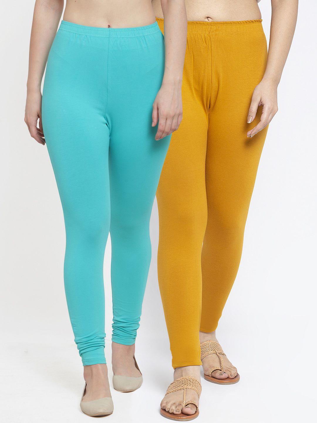 gracit women pack of 2 mustard yellow & sea green solid ankle length leggings