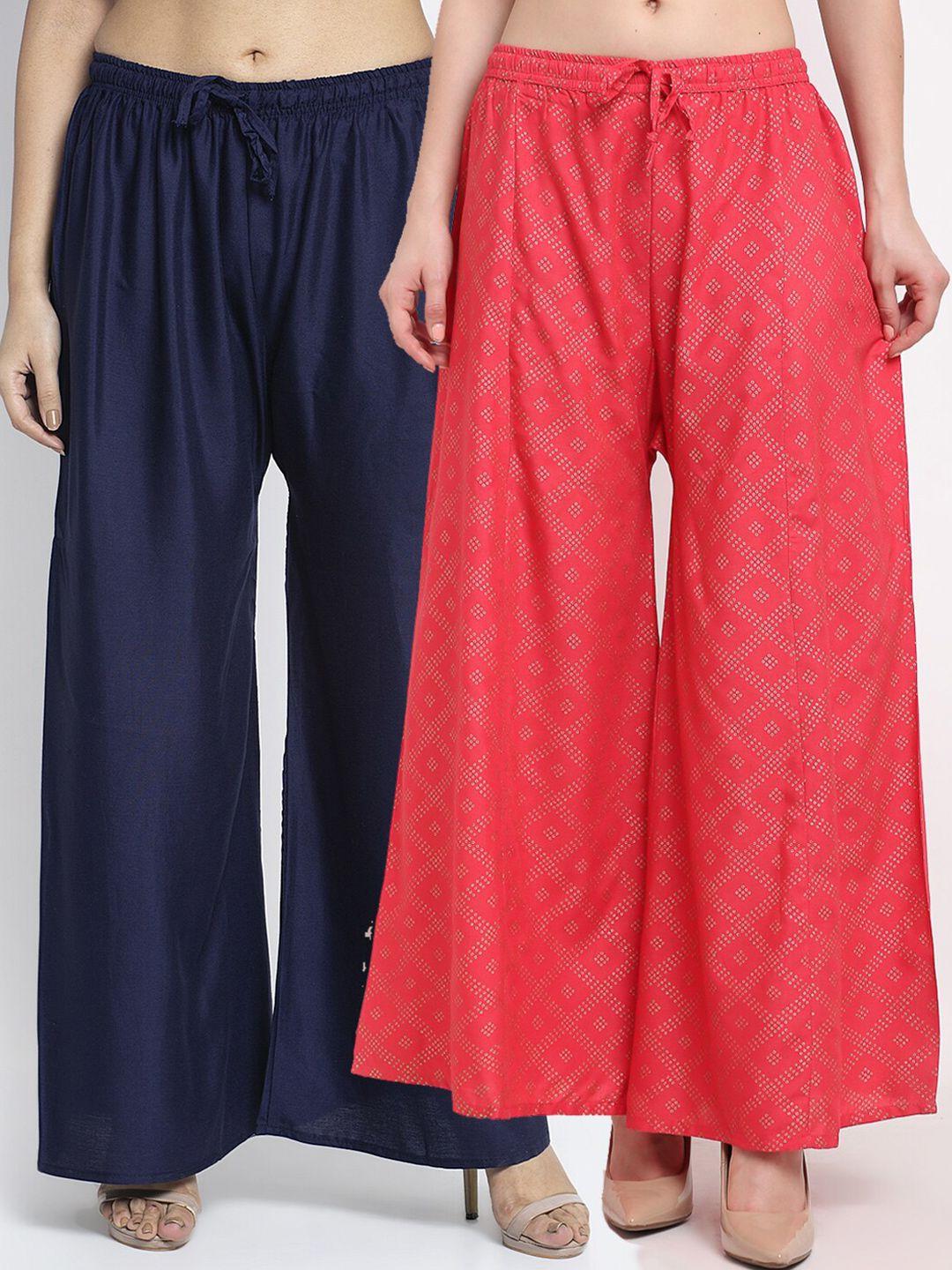 gracit women pack of 2 navy blue & fuchsia printed ethnic palazzos