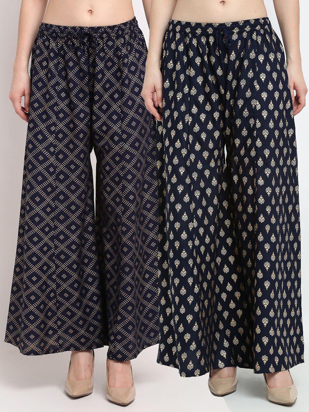gracit women pack of 2 navy blue & gold-toned ethnic motifs printed flared ethnic palazzos