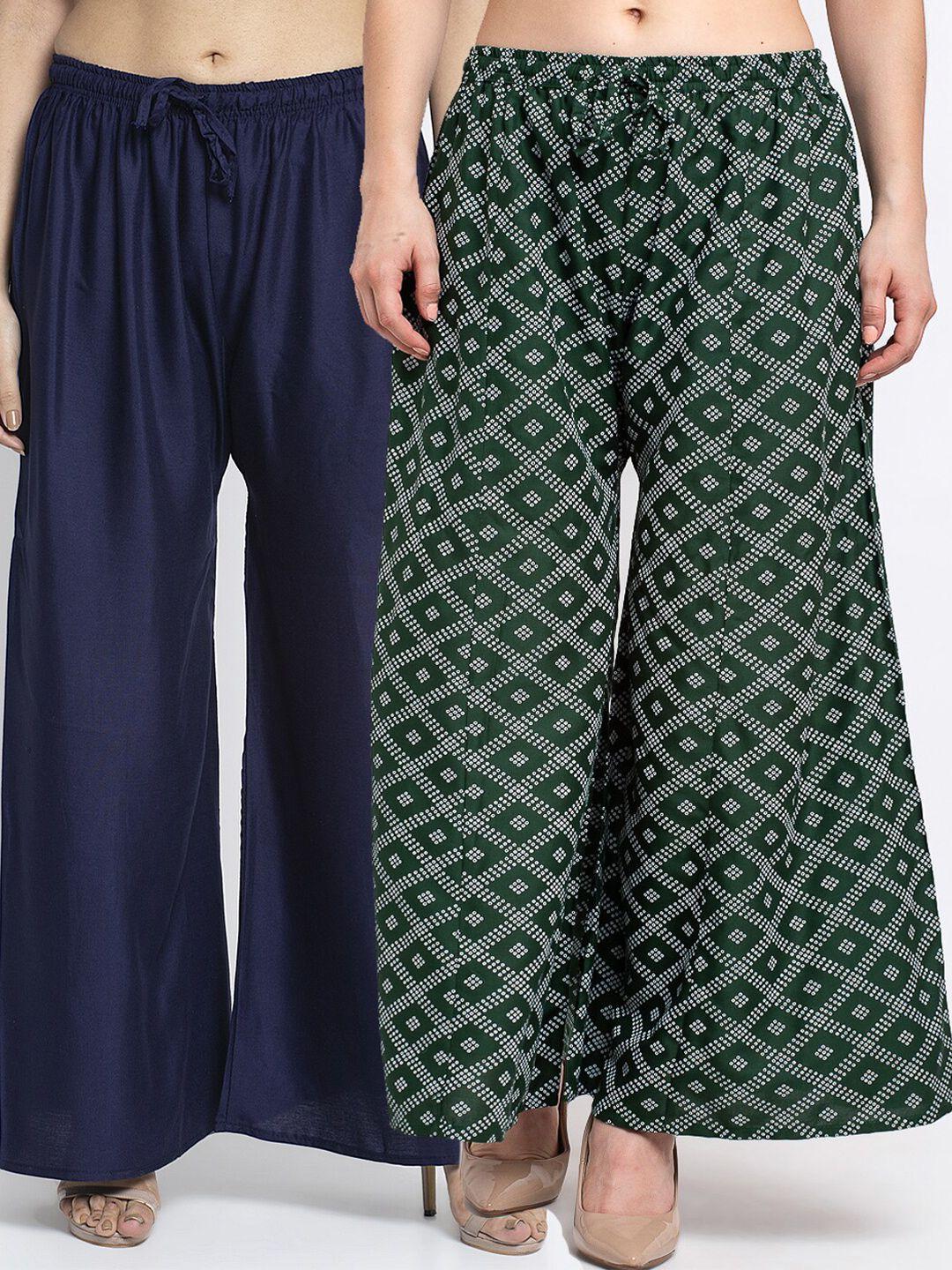 gracit women pack of 2 navy blue & green block printed flared palazzos