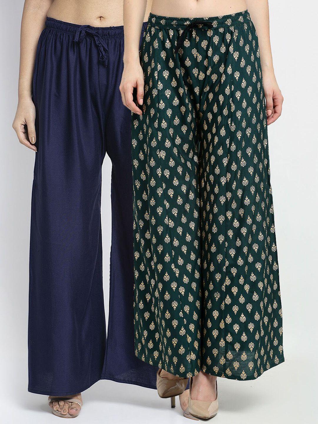 gracit women pack of 2 navy blue & green printed flared knitted ethnic palazzos