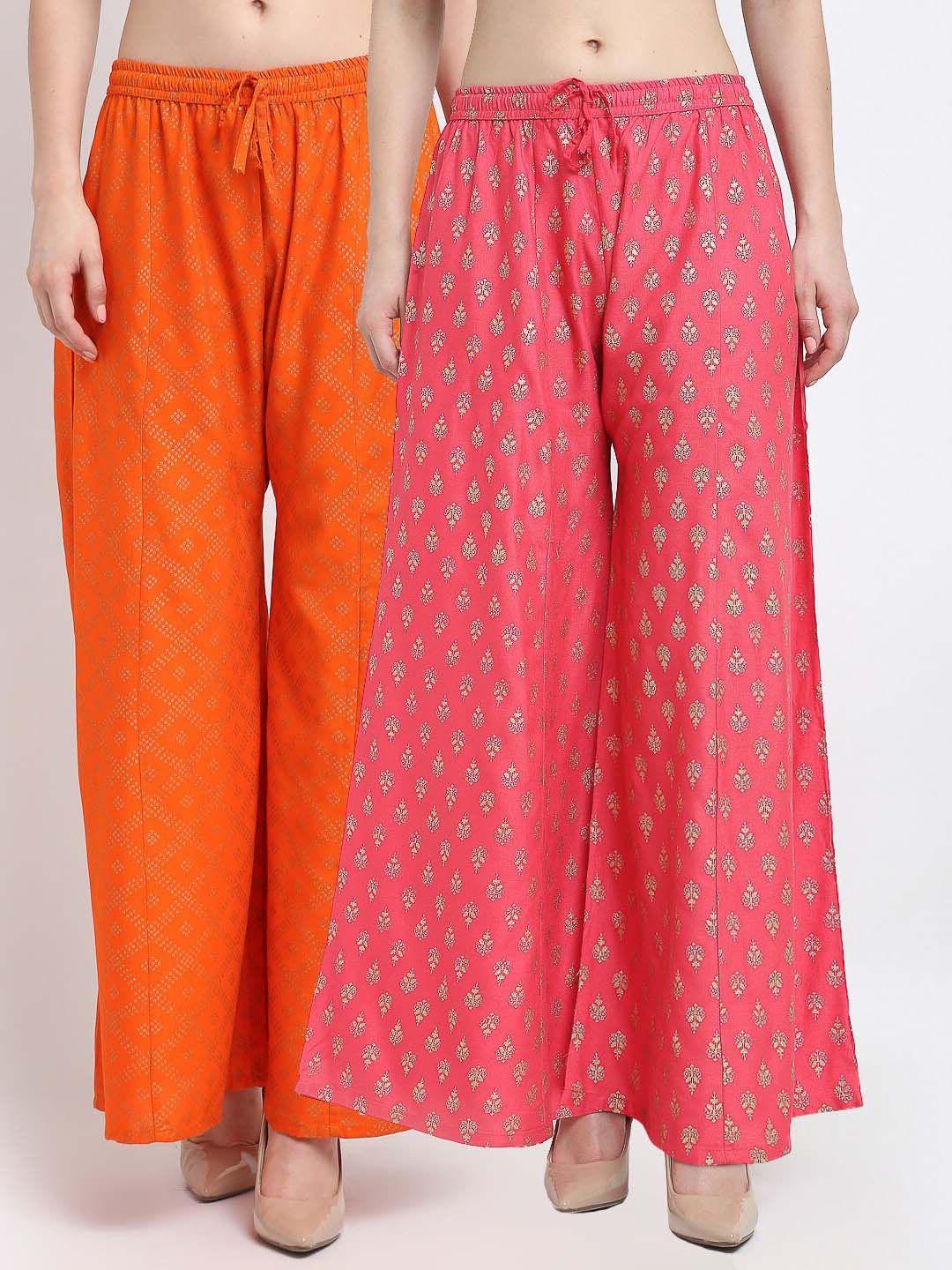 gracit women pack of 2 orange & pink ethnic motifs printed knitted ethnic palazzos