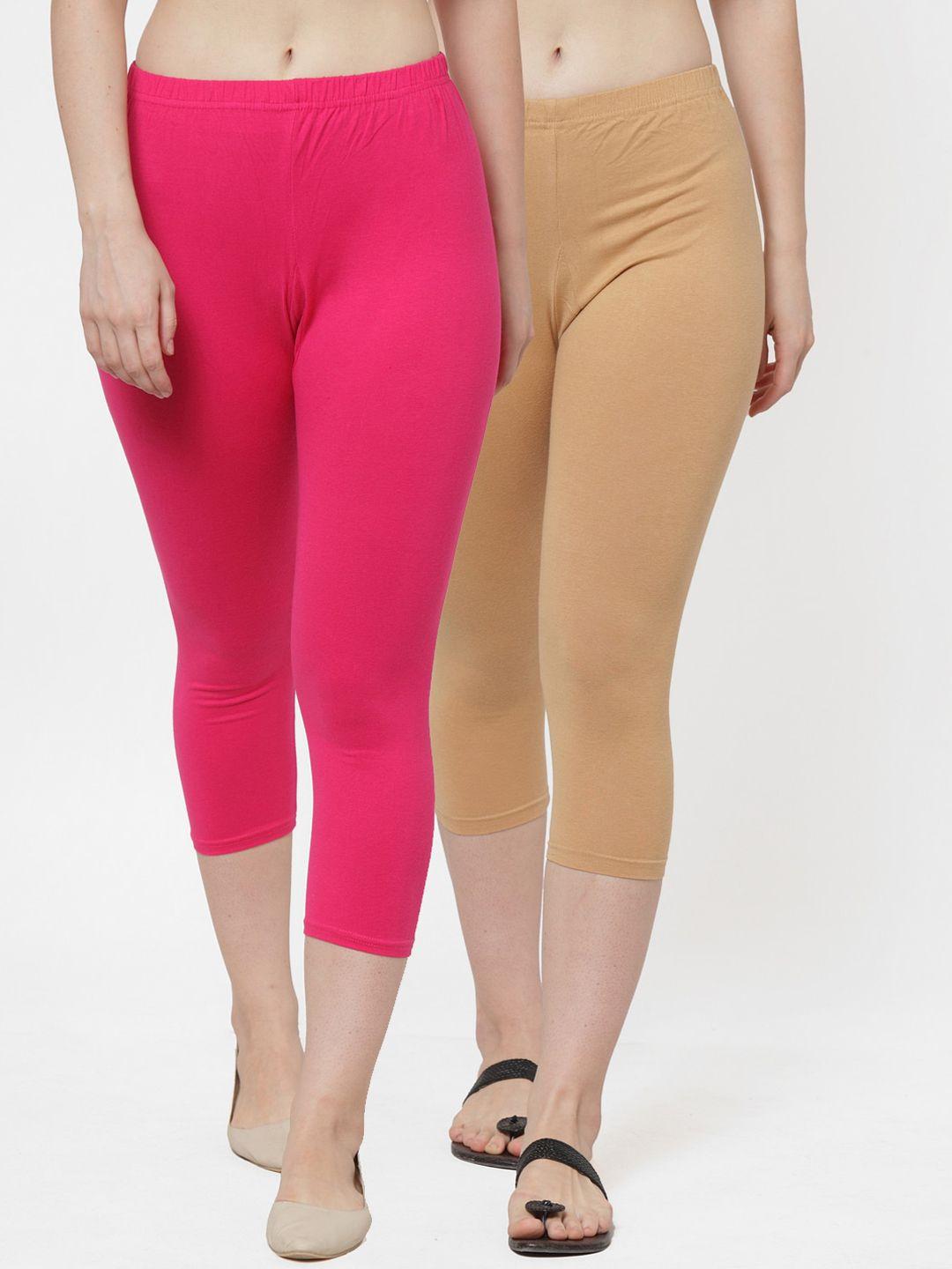 gracit women pack of 2 pink & beige cotton lycra capris