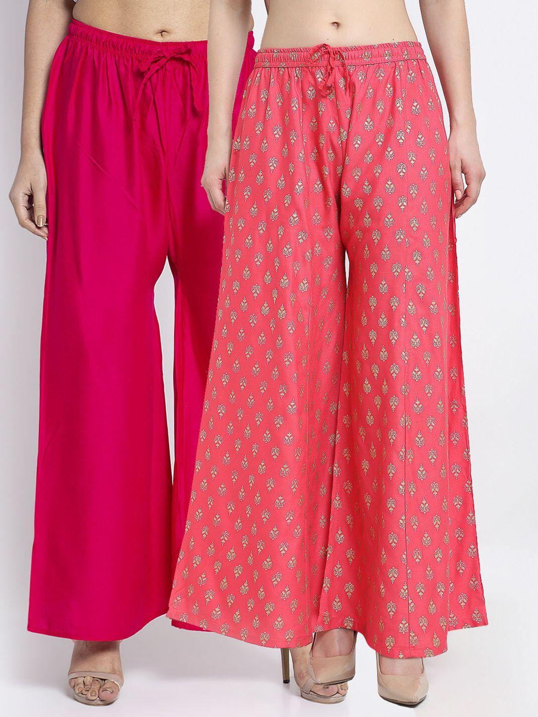 gracit women pack of 2 pink & coral flared knitted ethnic palazzos