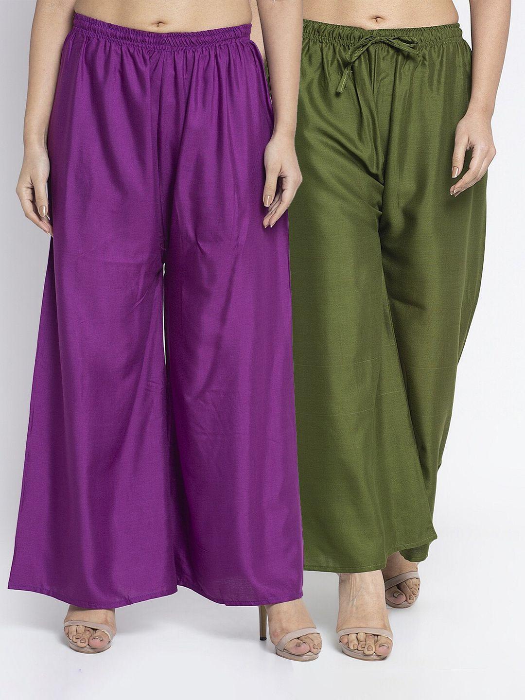 gracit women pack of 2 purple & green ethnic palazzos