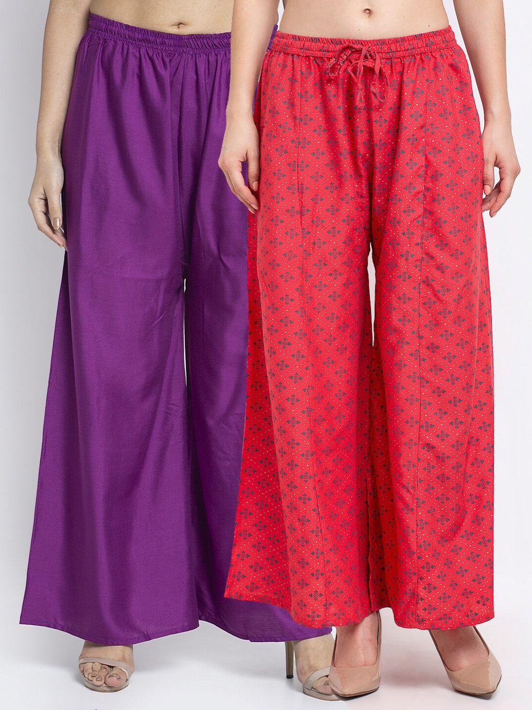 gracit women pack of 2 purple & red floral printed flared knitted ethnic palazzos