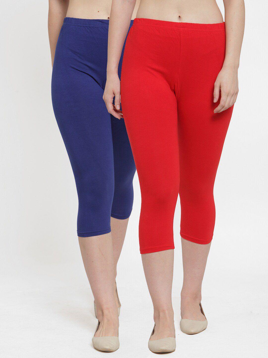 gracit women pack of 2 red & blue solid regular-fit capris