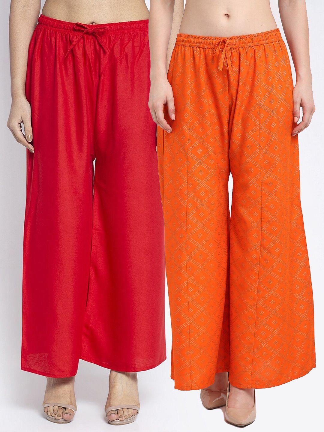 gracit women pack of 2 red & orange ethnic motifs printed flared ethnic palazzos