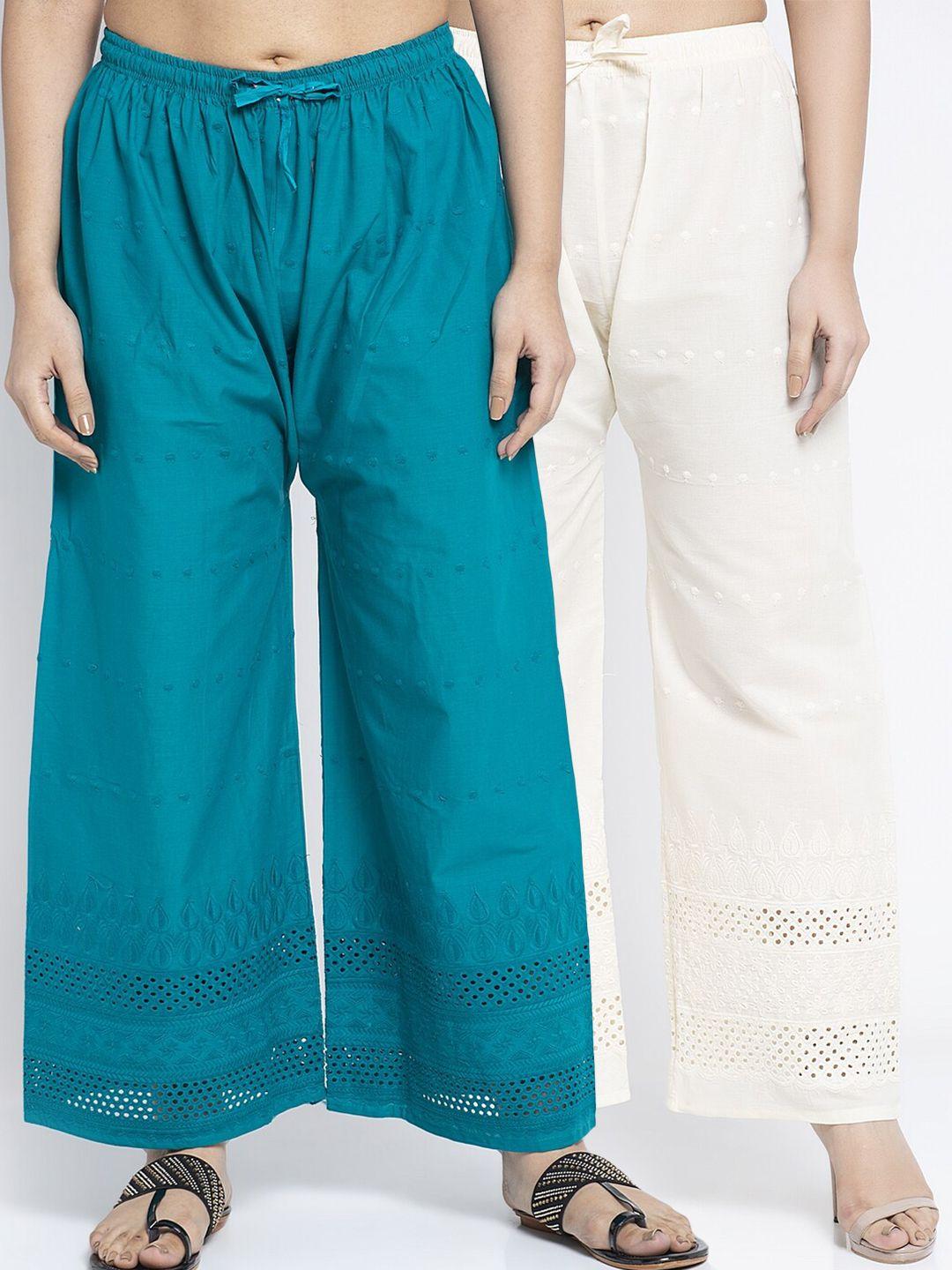 gracit women pack of 2 turquoise blue & off-white embroidered wide leg palazzos