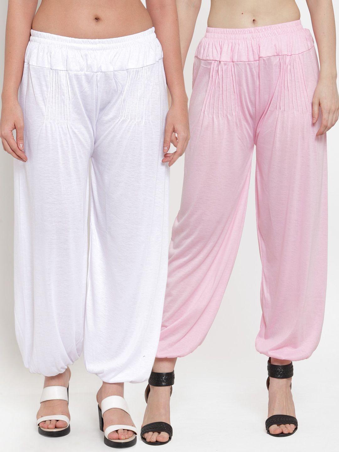 gracit women pack of 2 white & pink solid harem pants