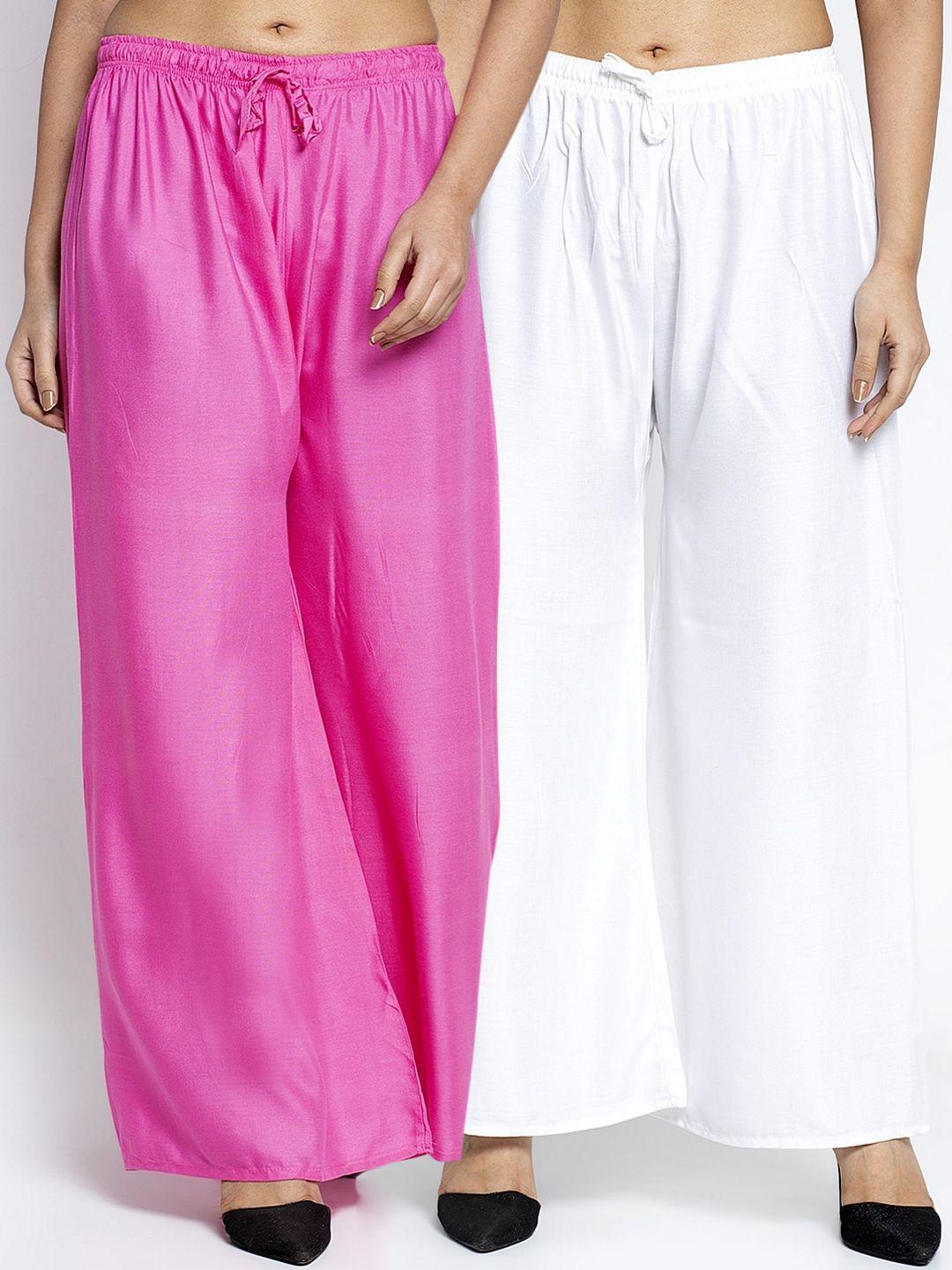 gracit women pack of 2 white & pink solid wide leg palazzos