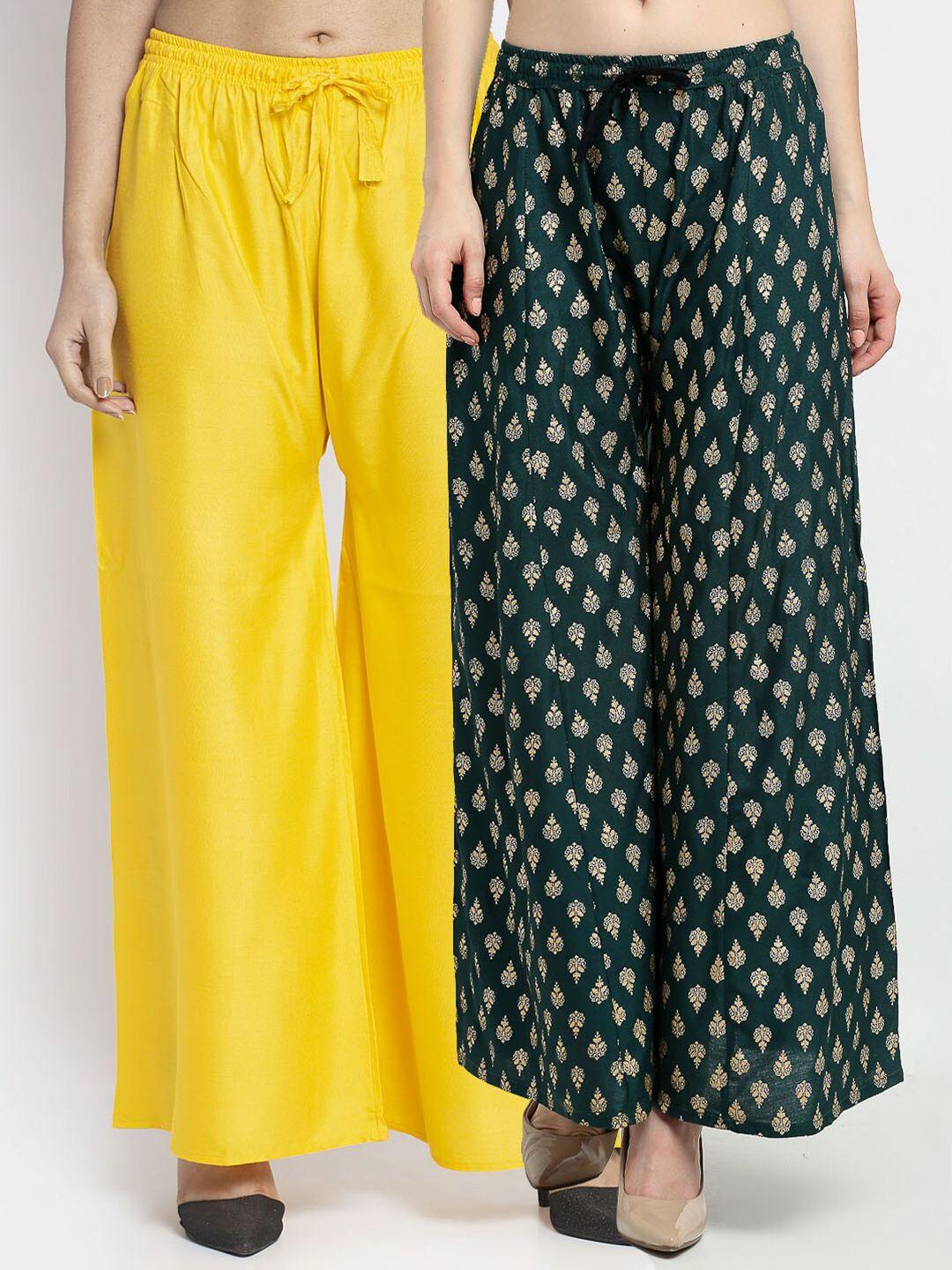 gracit women pack of 2 yellow & green ethnic palazzos