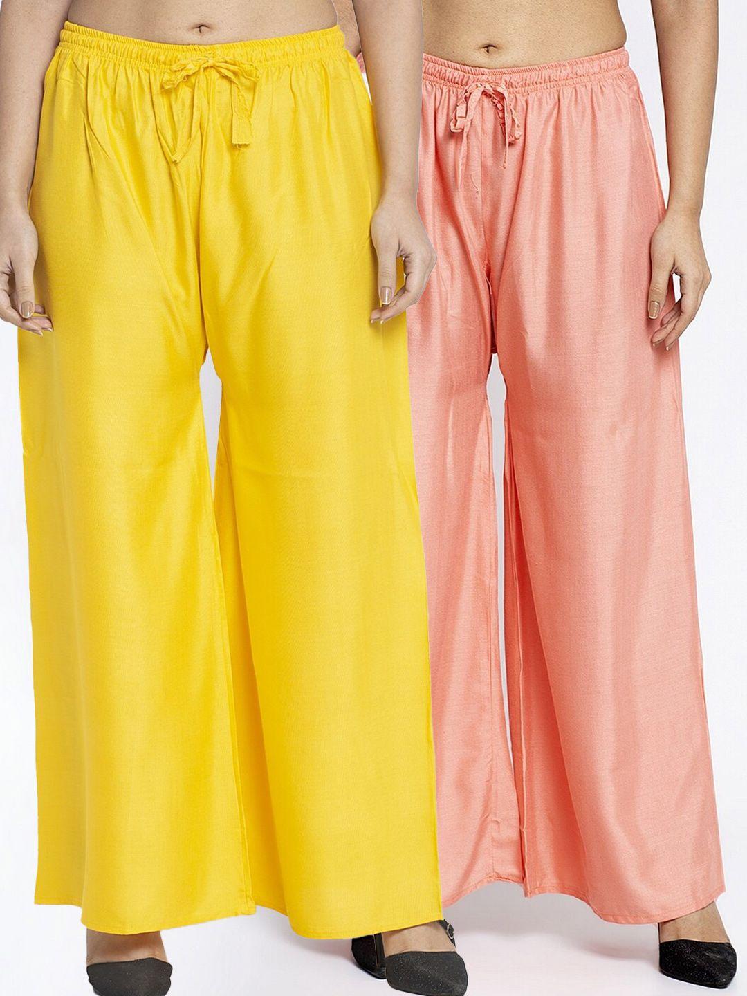 gracit women pack of 2 yellow & peach-coloured solid ethnic palazzos