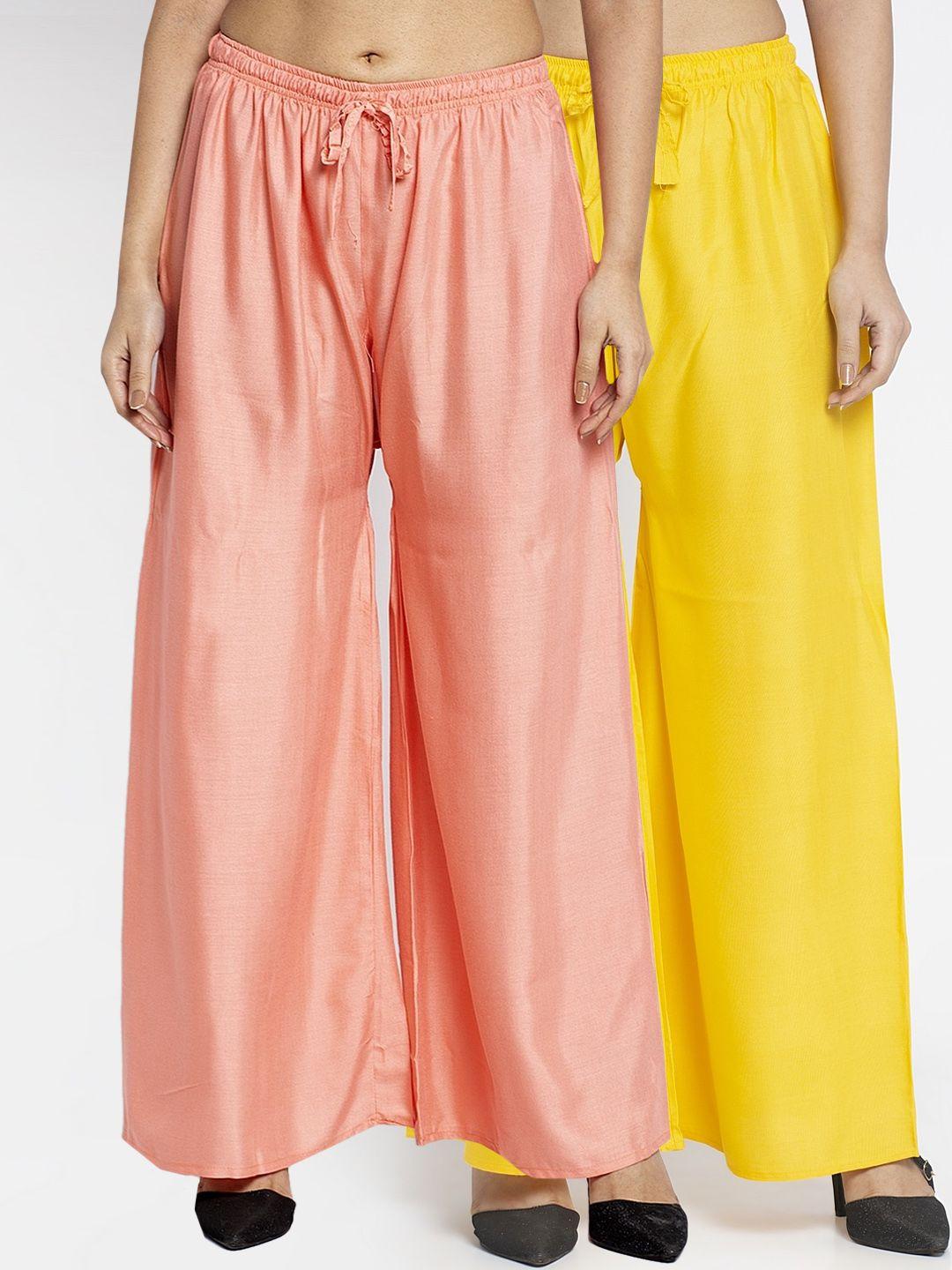 gracit women pack of 2 yellow & peach-coloured solid wide leg palazzos