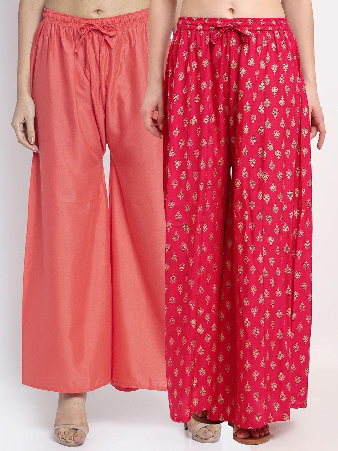 gracit women peach-coloured & pink 2 flared knitted ethnic palazzos