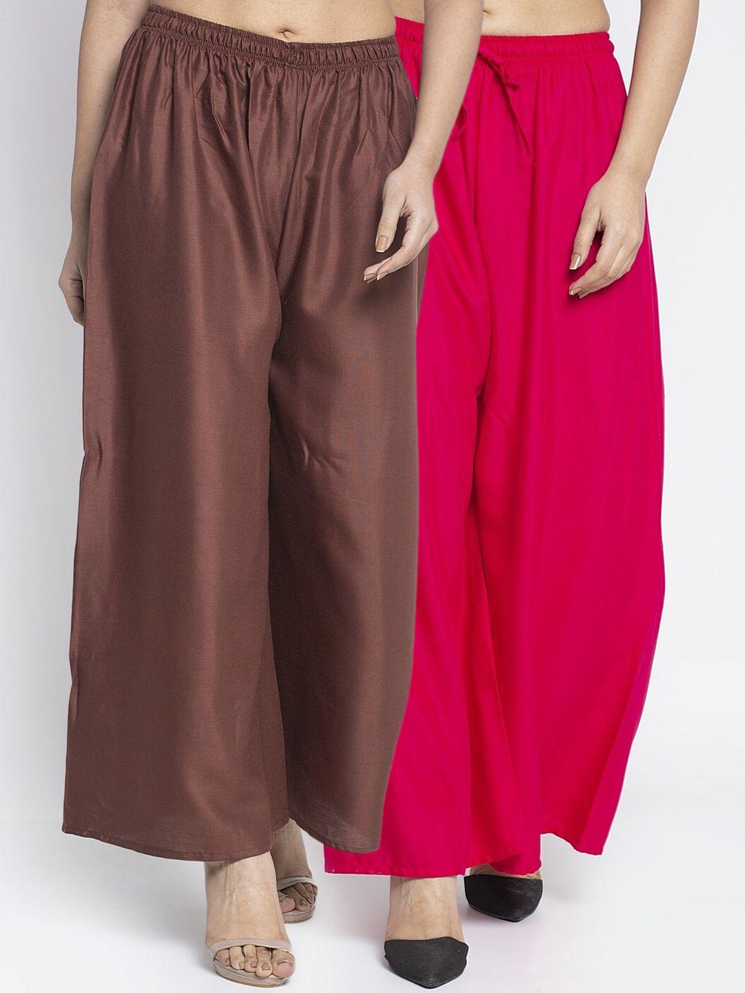 gracit women pink & coffee brown solid flared palazzos