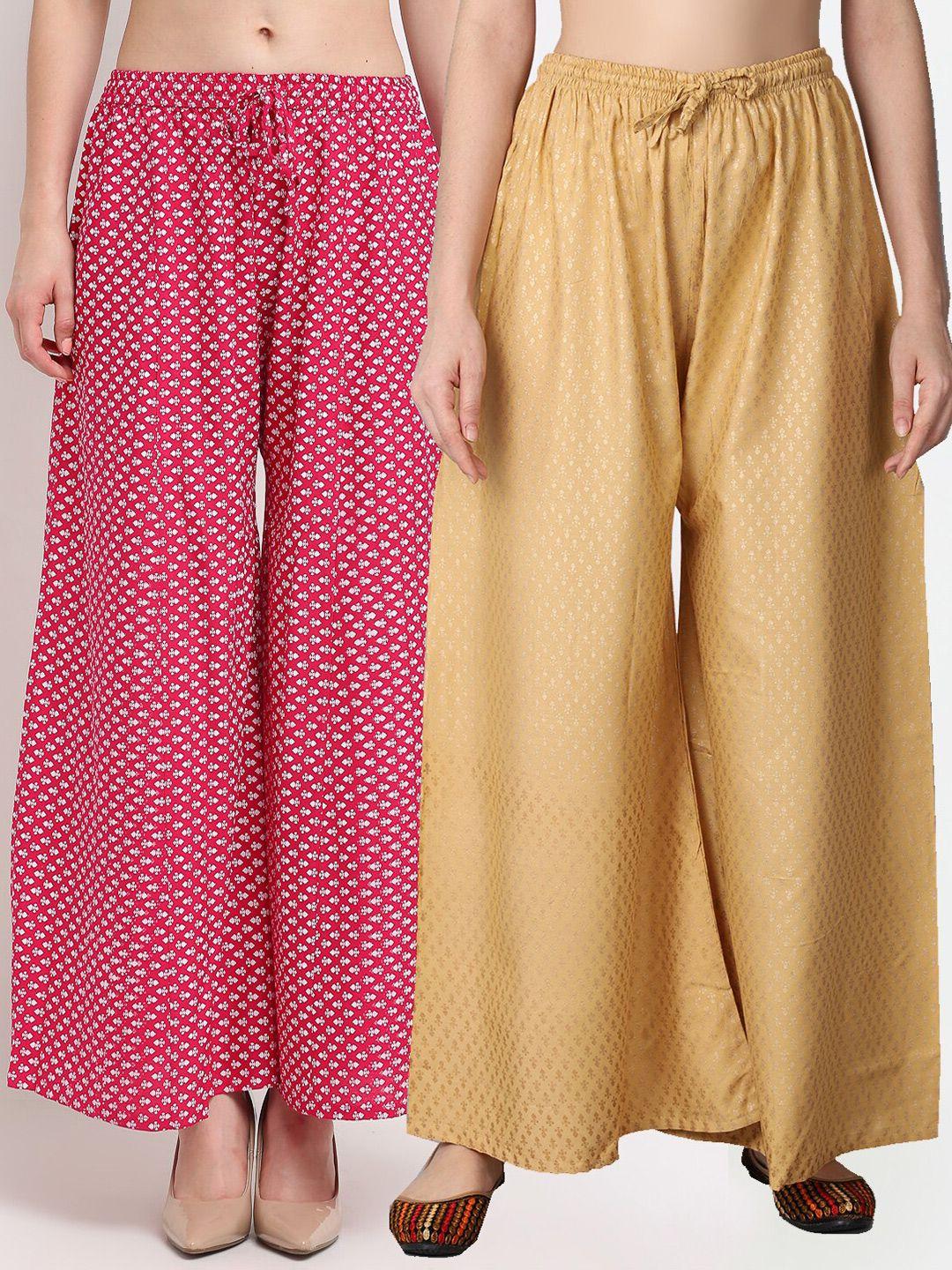 gracit women pink & cream set of 2 printed flared knitted ethnic palazzos