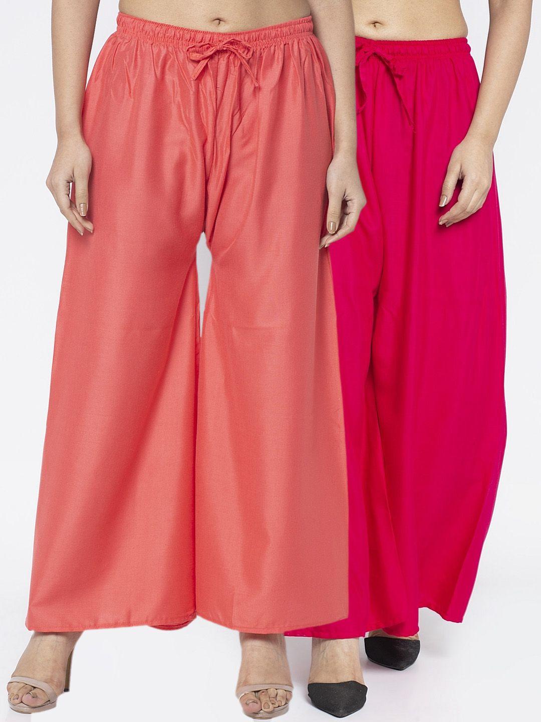 gracit women pink & peach-coloured solid wide leg palazzos