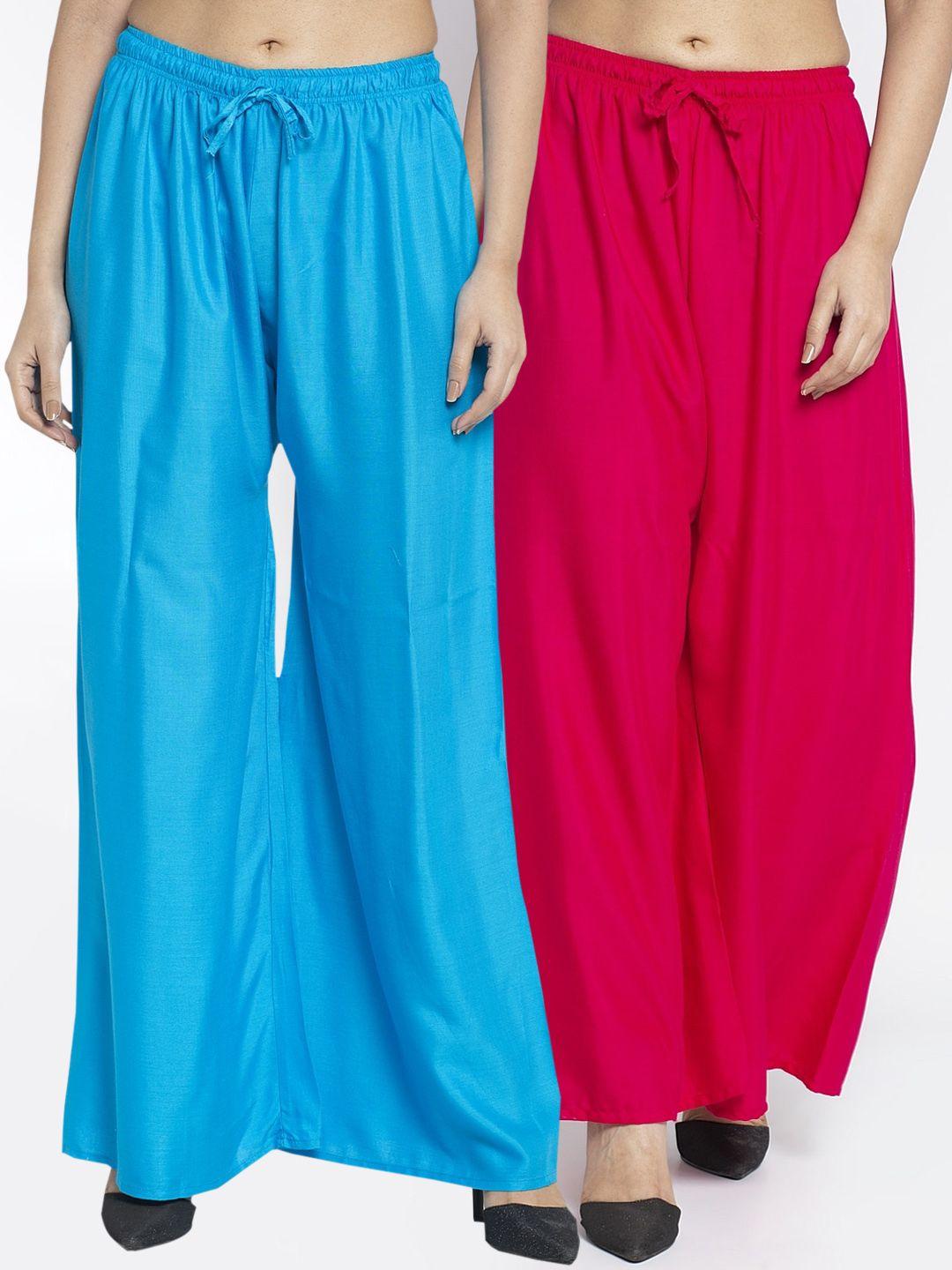 gracit women pink & turquoise blue solid wide leg palazzos