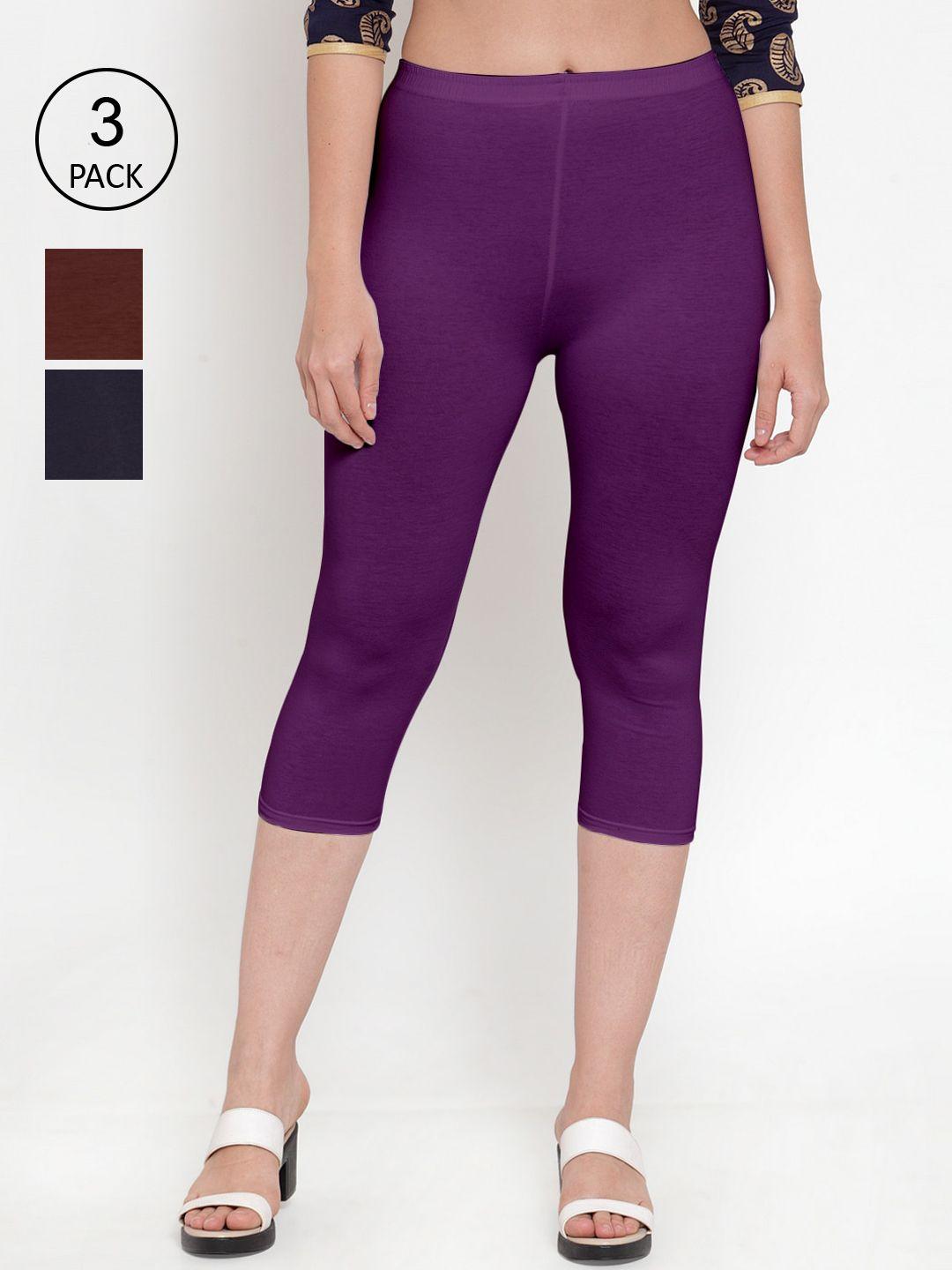 gracit women purple & brown pack of 3 cotton capris