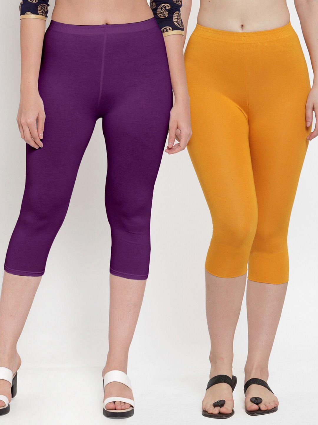 gracit women purple & orange set of 2 cotton lycra capris