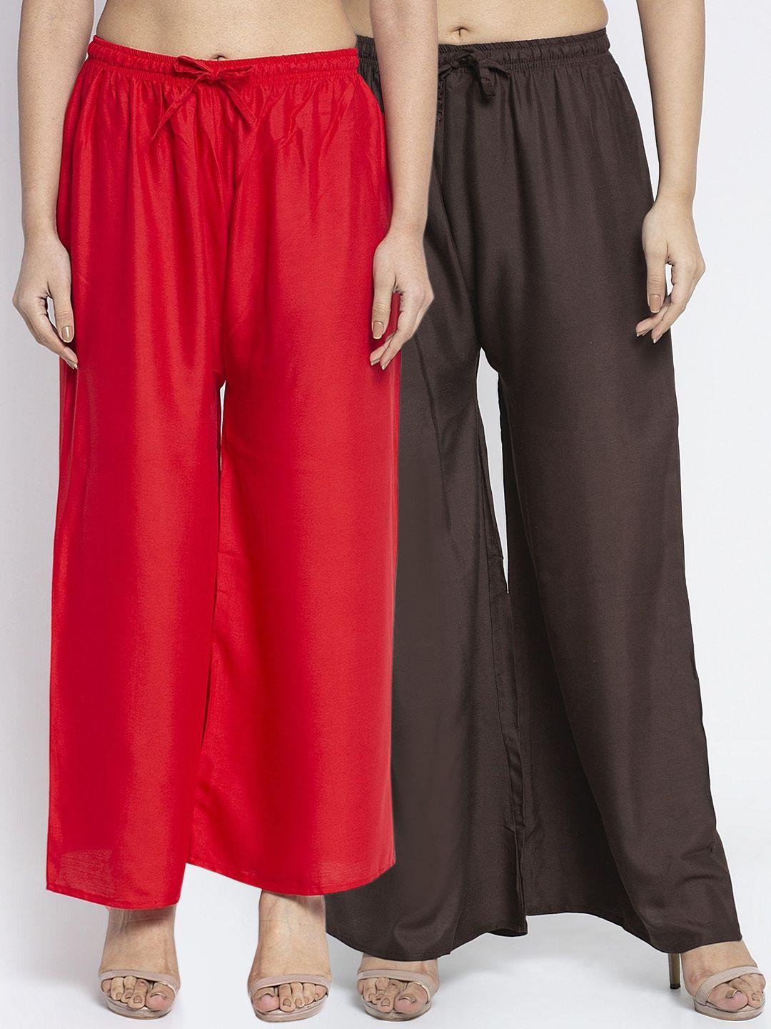 gracit women red & brown set of 2 solid wide leg palazzos