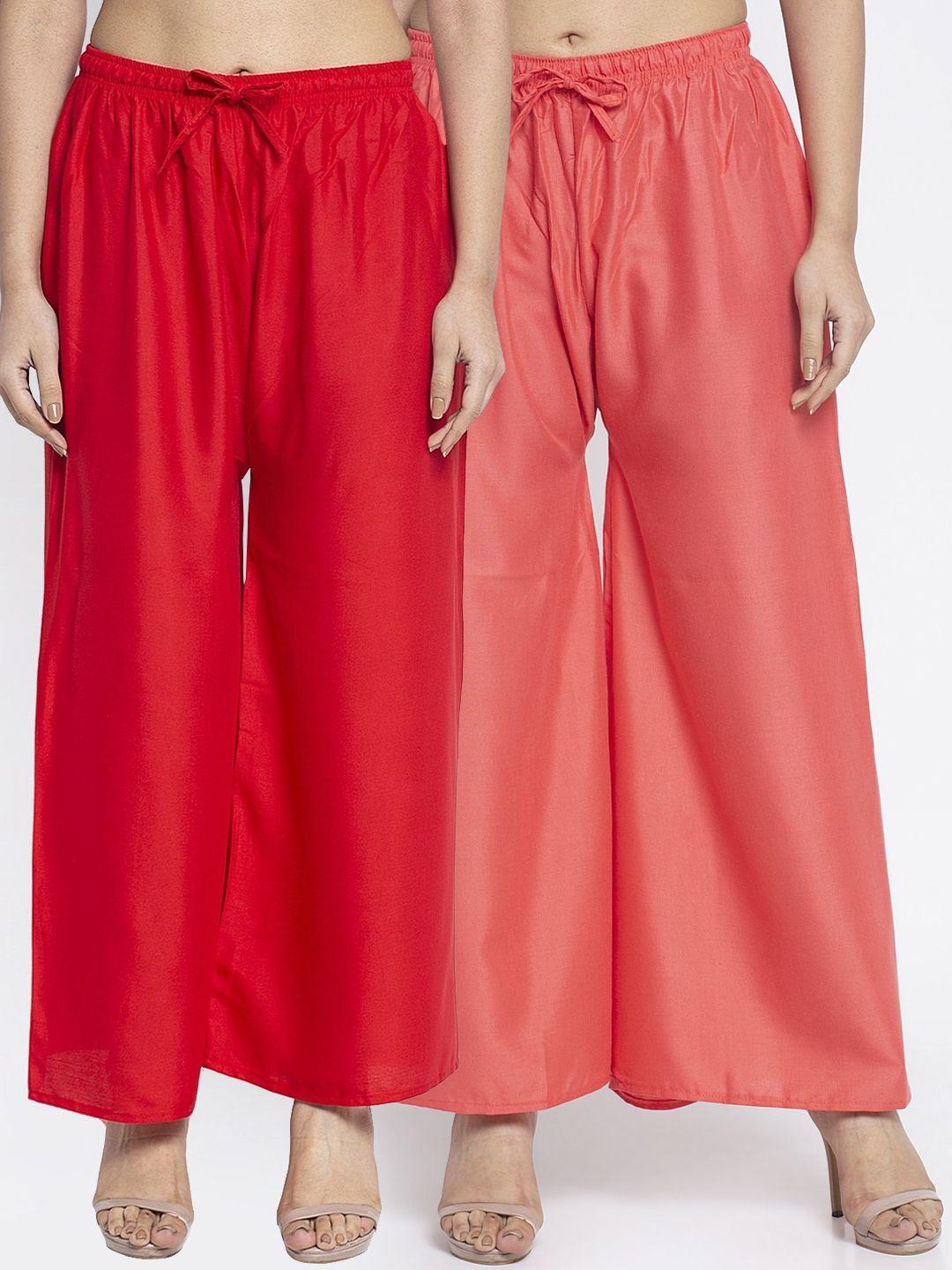 gracit women red & coral solid wide leg palazzos