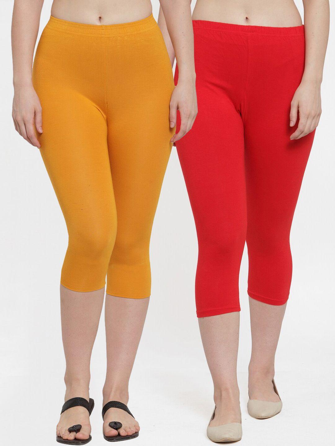 gracit women red & mustard yellow pack of 2 solid skinny fit capris