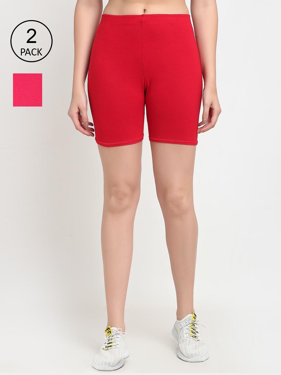 gracit women red & pink set of 2 biker shorts