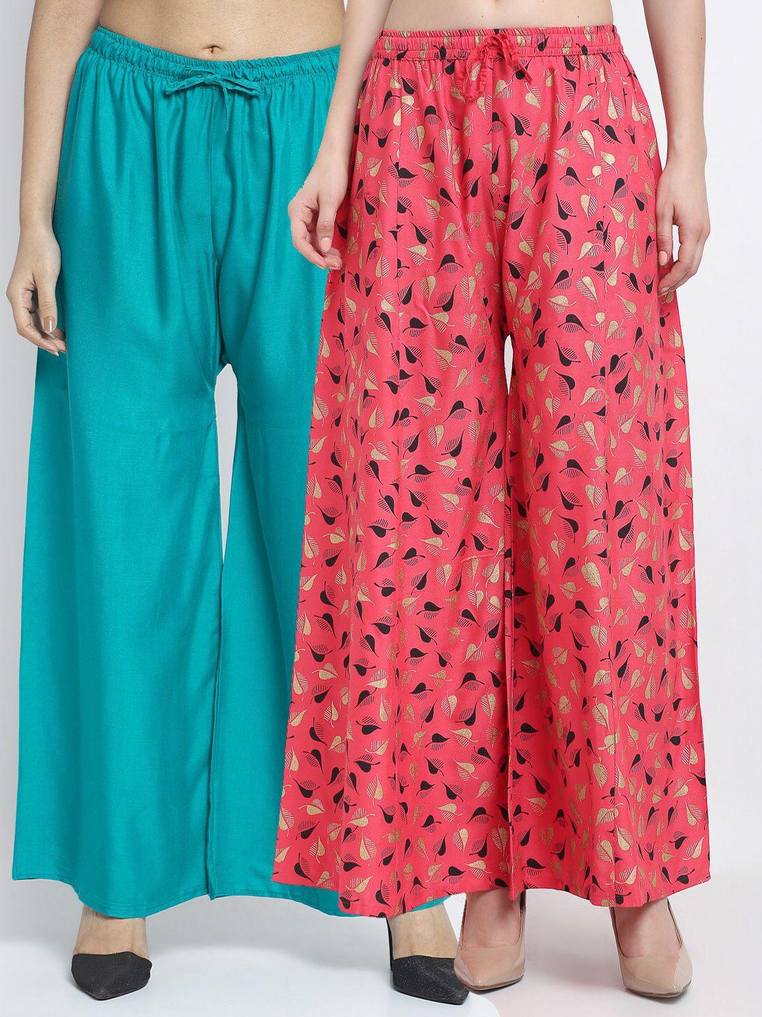 gracit women sea green & coral set of 2 floral printed flared ethnic palazzos