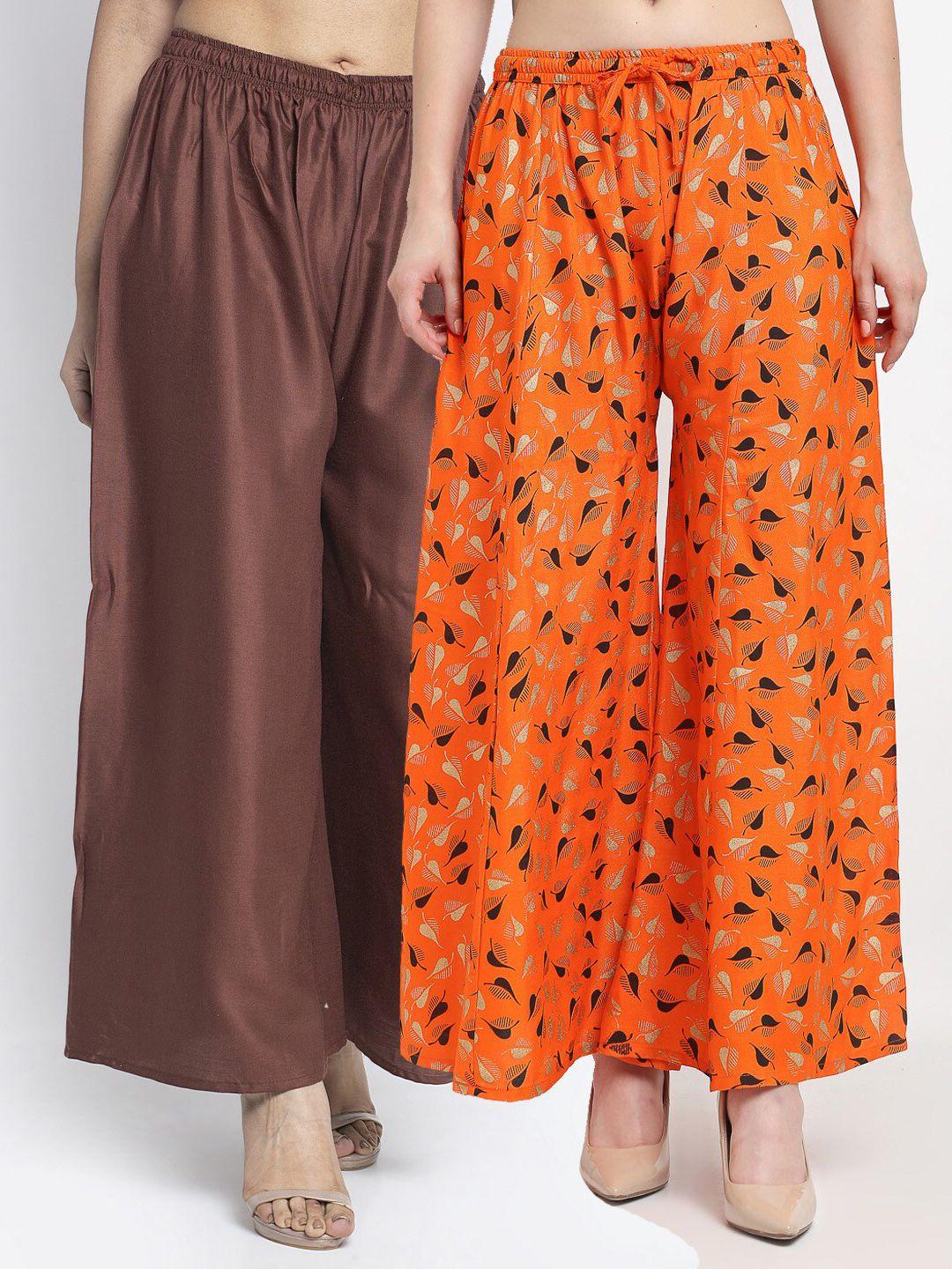 gracit women set of 2 brown & orange printed rayon palazzos
